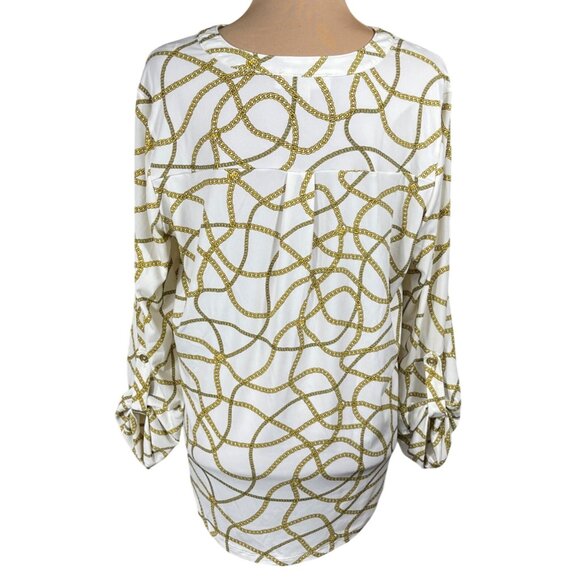 Michael Michael Kors Pullover Top Size L Large Chain Print White Yellow - Picture 3 of 7